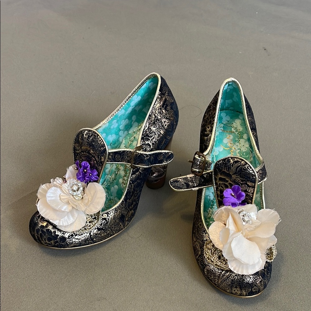 Irregular Choice Black and Cream Floral Heels